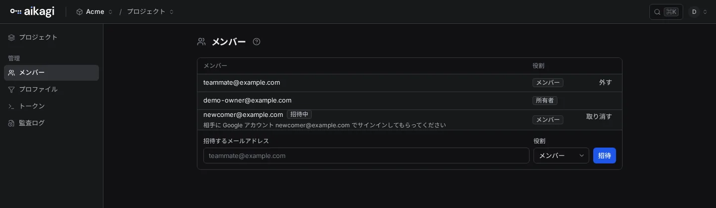 メンバーの一覧。メンバーと役割の 2 列が並び、招待中の行には札が付いている